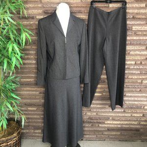 Ann Taylor Gray 3 Piece Modest Suit Blazer Maxi Skirt Wide Leg Pants Size 12/10